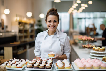 A woman pastry chef showcasing her product in her pastry shop