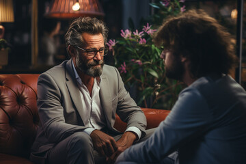 Professional therapist engaging in a conversation with a patient with Antisocial Personality Disorder(2 men), focusing on empathy and communication - obrazy, fototapety, plakaty