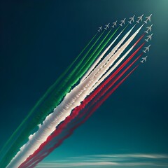 Spectacular Italian tricolour trail of planes in formation streaking across the blue sky, celebrating with pride and aerobatic precision.