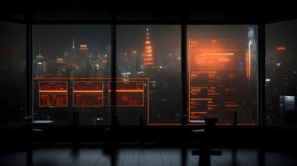 Modern office with orange-lit digital panels displaying data and graphics, with a breathtaking night view of the city skyline illuminated by floor-to-ceiling windows.
