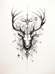 Deer Skull Antlers Skeleton Halloween Dare Pattern of Dried Plants Flowers Grass Branches Tattoo Print Stamp
