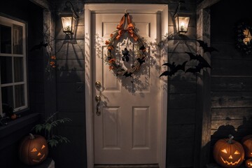 Obraz premium exterior of the old wooden house is decorated with harvest of pumpkins and leaves for halloween holiday, door and window, night and illumination