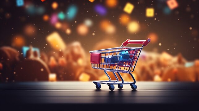 A bright and colourful shopping trolley advances on a shiny floor, with a blurred background of bright, geometric lights. The atmosphere evokes a festive, digital shopping feeling.