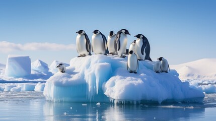 penguins waddling on ice floe - obrazy, fototapety, plakaty
