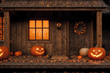 exterior of the old wooden house is decorated with harvest of pumpkins and leaves for halloween holiday, door and window, night and illumination