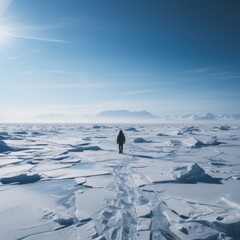 Lone explorer standing on vast ice floe
