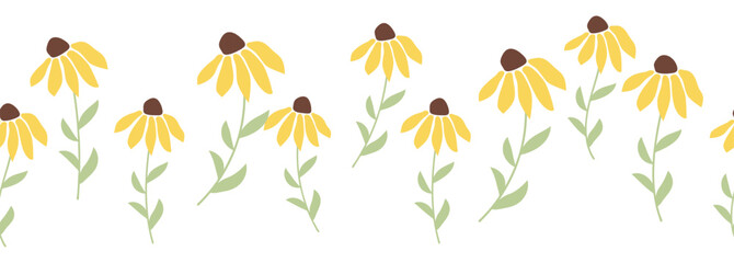 Rudbeckia chamomile horizontal border seamless pattern