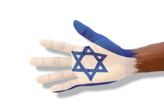 Opened palm painted in Israelis flag colors. Hand in paint stretched and isolated on transparent background