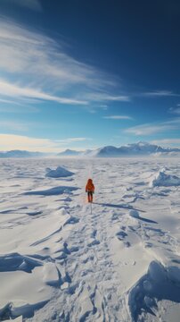 Lone explorer standing on vast ice floe