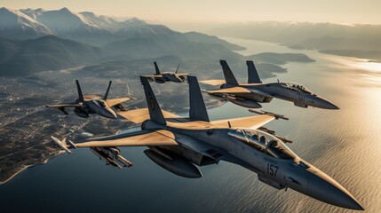Fighter jets flying in formation over the ocean - obrazy, fototapety, plakaty