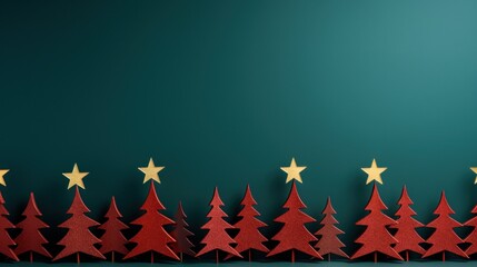 green firs and golden stars on red background