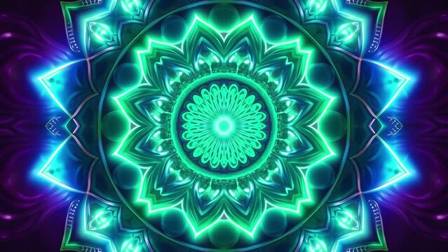Colorful glowing mindful mandala. Abstract multicolor motion graphics and kaleidoscopic pattern.