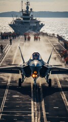 Fighter jet taking off from the deck of an aircraft carrier - obrazy, fototapety, plakaty