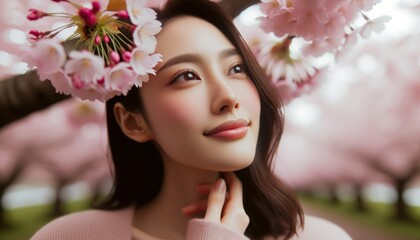 Close-up photo capturing a serene moment of a woman under a canopy of cherry blossoms.