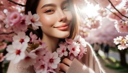 Close-up photo of a woman standing amidst a shower of pink cherry blossoms, her gentle smile reflecting the fleeting beauty of the petals.
