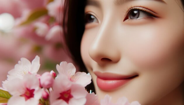 Close-up photo of a woman's face, her features softened by the pink hue of the cherry blossoms surrounding her