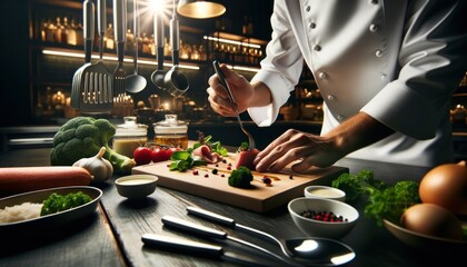 Close-up photo in a professional kitchen setting, focusing on a chef as they add the final touches to a gourmet dish.
