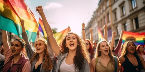 LGBTQ+ Individuals and Allies Unite at a Vibrant Pride Demonstration, Waving Rainbow Flags, Celebrating Freedom, Expression, and the Fight for Equal Rights