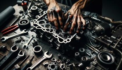 Close-up photo of a mechanic's grease-streaked hands, skillfully adjusting a component inside a car engine.