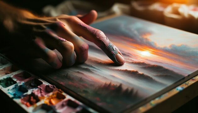 Close-up photo of an artist's fingers, smeared with pastel colors, delicately blending shades on a canvas, capturing the early stages of a beautiful