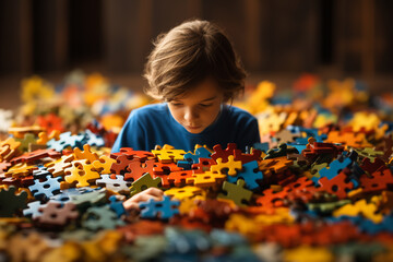 Little child with Autism Spectrum Disorder playing with jigsaw puzzle - obrazy, fototapety, plakaty