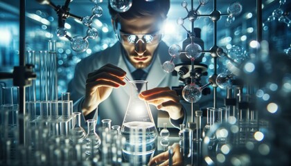 Close-up photo of a scientist keenly observing a chemical reaction within a beaker, surrounded by an array of complex lab equipment