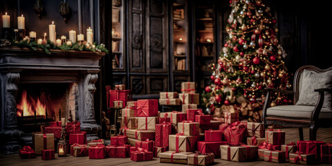Fototapeta premium Christmas Decorated and Cozy Living Room in Luxury Apartment Wallpaper Background Digital Art Journal Poster Brainstorming