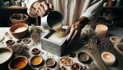 Close-up shot highlighting the process of creating artisan candles. - obrazy, fototapety, plakaty