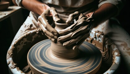 Close-up photo of an artist's hands, coated in wet clay, skillfully shaping a burgeoning vase on a spinning pottery wheel.