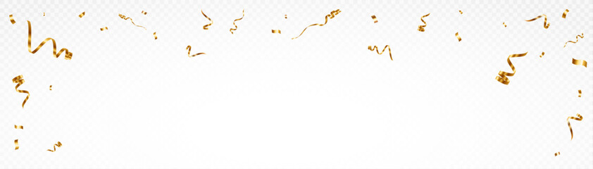 Confetti on a transparent background. Falling shiny golden confetti. Bright golden festive tinsel. Holiday design elements for web banner, poster, flyer, invitation. Vector	
