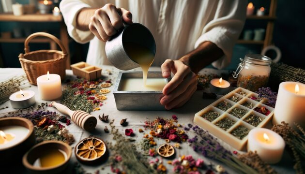 Close-up photo of hands carefully pouring melted wax into a mold, with various herbs and colorful dried flowers scattered around the workspace