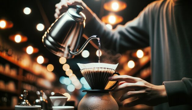 Close-up photo capturing the moment a barista, using a gooseneck kettle, delicately pours hot water over coffee grounds in a dripper.
