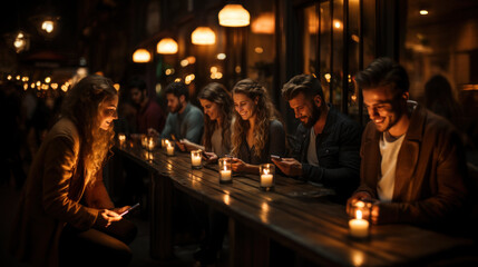 Group of young people sitting in a pub and friends communicating online using mobile phones.