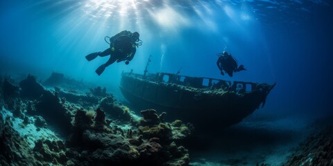 Scuba Divers Venture to an Ancient Sunken Ship, Uncovering the Mysteries of the Deep and the Silent Echoes of Maritime History - obrazy, fototapety, plakaty