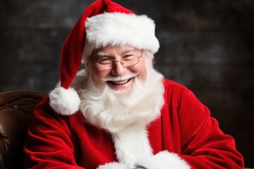 Happy smiling Santa Claus in glasses sits in an armchair and looks at the camera