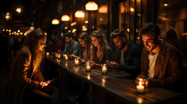 Group of young people sitting in a pub and friends communicating online using mobile phones.