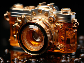Traumhafte goldene Kamera im Retro Stil mit Wassertropfen, ai generativ