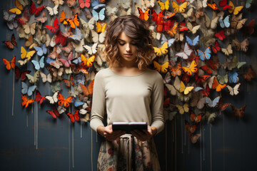 A woman with Borderline Personality Disorder holding a opened book, surround them with colorful butterflies, to signify education and transformation