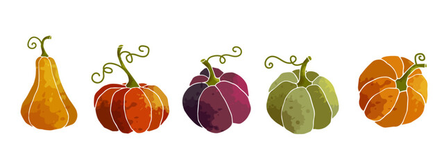 Set of autumn pumpkins.Juicy cartoon vegetables.Vector graphics.