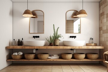 3D rendering of a stylish bathroom with double sink and rattan baskets. Generative AI