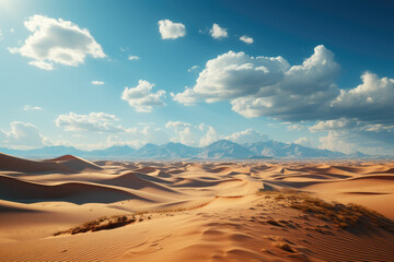 Fototapeta na wymiar A pristine desert landscape with towering sand dunes and a vast, uninterrupted horizon. Concept of desert beauty. Generative Ai.