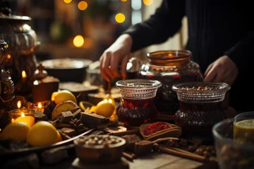 Fototapete Nordeuropa A group of friends preparing traditional Swedish mulled wine, known as "glogg," for a St. Lucia's Day celebration. Generative Ai.