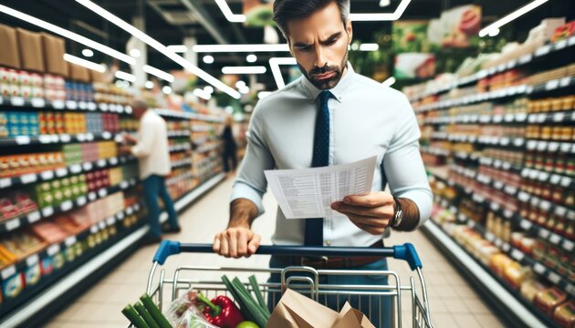 Close-up photo in a vibrant supermarket setting, where a man with determination examines his grocery list.