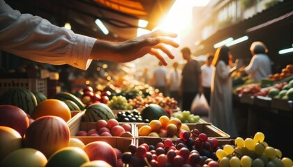 Close-up photo of a man, under the golden sunlight, reaching out to pick a fresh fruit from a stall, with market-goers and colorful produce - obrazy, fototapety, plakaty