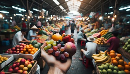 Close-up photo capturing the details of fresh fruits in a man's hand, with blurred market stalls, vendors, and buyers in the lively outdoor market - obrazy, fototapety, plakaty