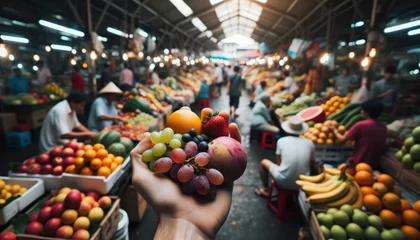Foto op Plexiglas Close-up photo capturing the details of fresh fruits in a man's hand, with blurred market stalls, vendors, and buyers in the lively outdoor market © PixelPaletteArt