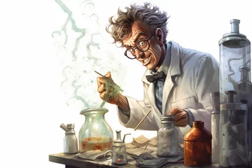 Fotobehang a creepy mad scientist doing experiment in creepy lab, science, cereative, illustration © JKLoma
