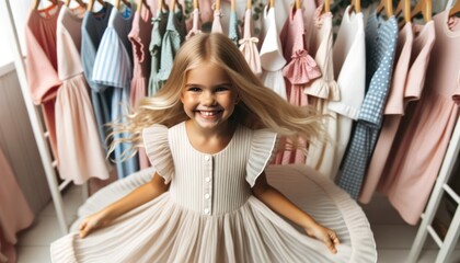Close-up photo of a delighted little girl with blonde hair spinning in a freshly bought dress, smiling broadly.