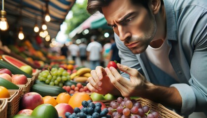 Close-up photo of a man, intently examining a piece of fruit for freshness, with a variety of vibrant fruits