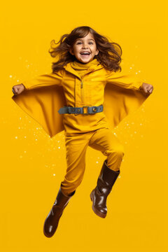 a girl playing superhero in yellow boots on a yellow background